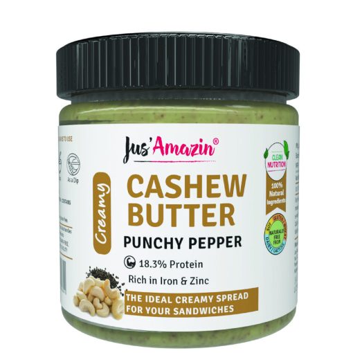 Jus' Amazin Creamy Cashew Butter Punchy Pepper (200g) | 18.3% Protein | Clean Nutrition | 93% Cashewnuts | Zero Chemicals | Vegan & Dairy Free | 100% Natural