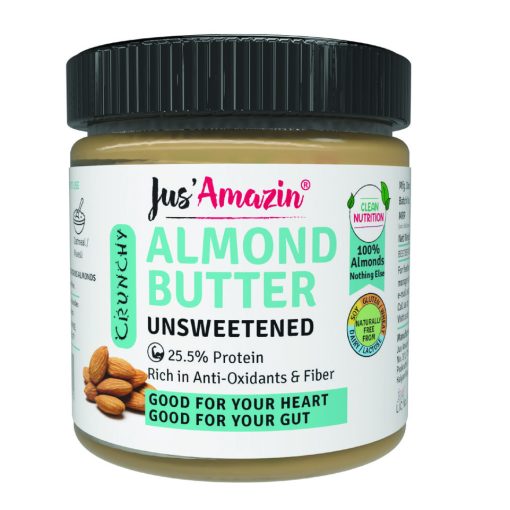 Jus' Amazin Crunchy Almond Butter - Unsweetened (200g) | 25.5% Protein | Clean Nutrition | Single Ingredient - 100% Almonds | Zero Additives | Vegan & Dairy Free