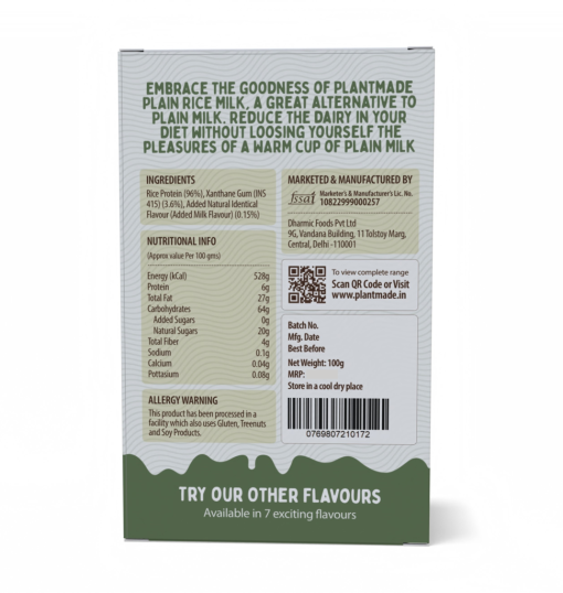 Plantmade Rice Milk Plain Rice Protein Premix Plant-based Milk A Great Alternative To Dairy Milk Dairy Free,pack Of 2 (100g X 2)