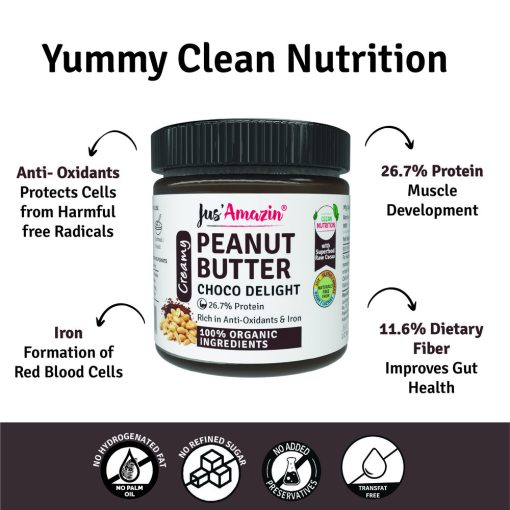 Jus' Amazin Creamy Organic Peanut Butter Choco Delight (200g) | 26.7% Protein | Clean Nutrition | 82% Organic Peanuts | Superfood Raw Cacao | No Refined Sugar | Zero Chemicals | Vegan & Dairy-free | 100% Organic