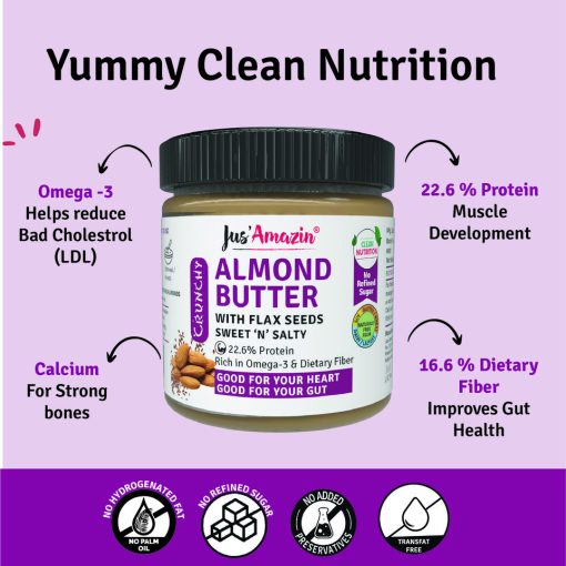 Jus' Amazin Crunchy Almond Butter With Flaxseeds (200g) | 22.6% Protein | Clean Nutrition | 90% Almonds | Rich In Omega-3 | No Refined Sugar | Zero Chemicals | Vegan & Dairy Free | 100% Natural