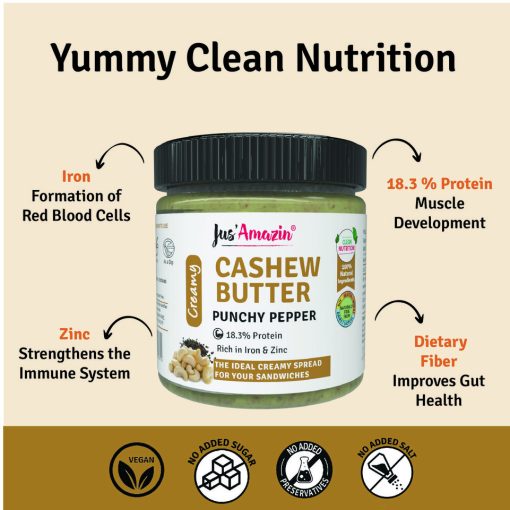 Jus' Amazin Creamy Cashew Butter Punchy Pepper (200g) | 18.3% Protein | Clean Nutrition | 93% Cashewnuts | Zero Chemicals | Vegan & Dairy Free | 100% Natural