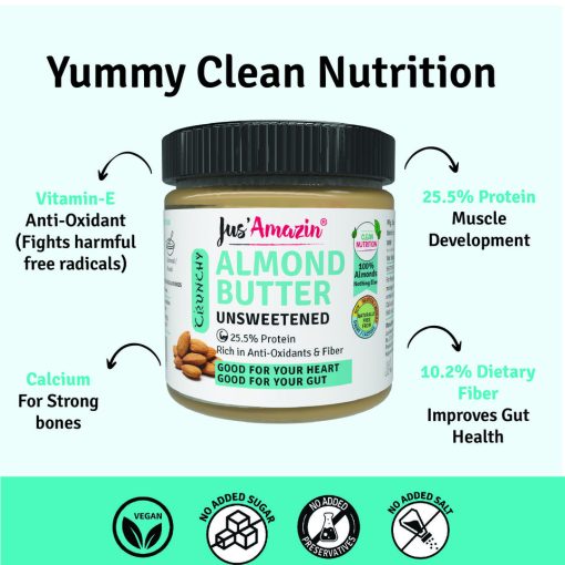 Jus' Amazin Crunchy Almond Butter - Unsweetened (200g) | 25.5% Protein | Clean Nutrition | Single Ingredient - 100% Almonds | Zero Additives | Vegan & Dairy Free