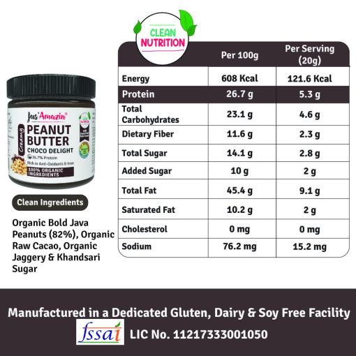 Jus' Amazin Creamy Organic Peanut Butter Choco Delight (200g) | 26.7% Protein | Clean Nutrition | 82% Organic Peanuts | Superfood Raw Cacao | No Refined Sugar | Zero Chemicals | Vegan & Dairy-free | 100% Organic