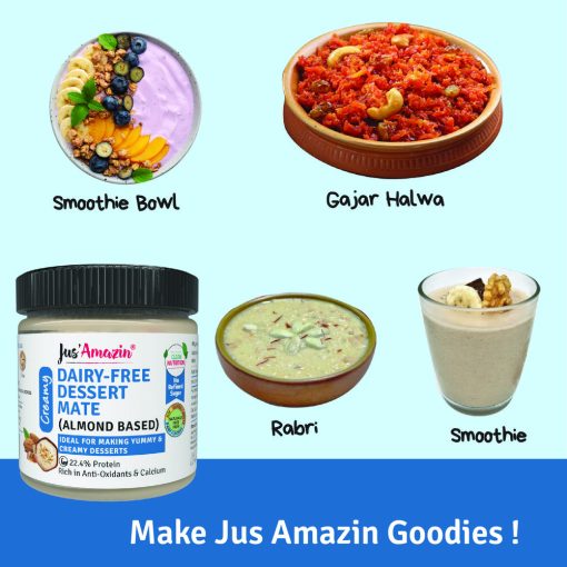 Jus' Amazin Dairy-free Dessert Mate (almond Based), 200g | 22.4% Protein | Sweetened With Jaggery | Clean Nutrition | 80% Amonds | Rich In Anti-oxidants & Calcium | No Refined Sugar | Zero Chemicals | Vegan & Dairy Free | 100% Natural