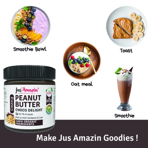 Jus' Amazin Creamy Organic Peanut Butter Choco Delight (200g) | 26.7% Protein | Clean Nutrition | 82% Organic Peanuts | Superfood Raw Cacao | No Refined Sugar | Zero Chemicals | Vegan & Dairy-free | 100% Organic