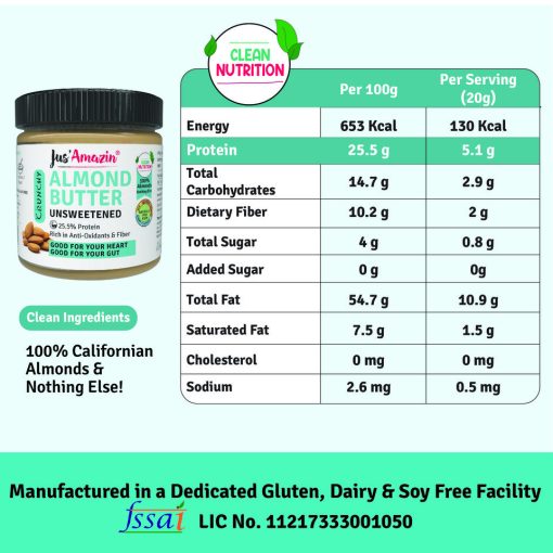 Jus' Amazin Crunchy Almond Butter - Unsweetened (200g) | 25.5% Protein | Clean Nutrition | Single Ingredient - 100% Almonds | Zero Additives | Vegan & Dairy Free