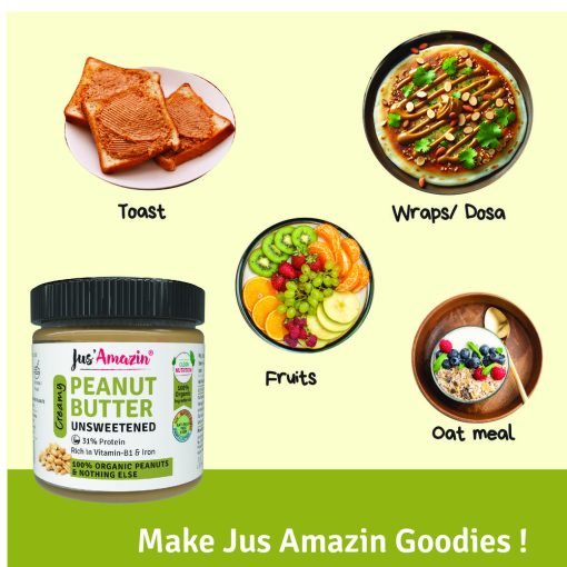 Jus' Amazin Creamy Organic Peanut Butter - Unsweetened (200g) | 31% Protein | Clean Nutrition | Single Ingredient - 100% Organic Peanuts | Zero Additives | Vegan & Dairy Free