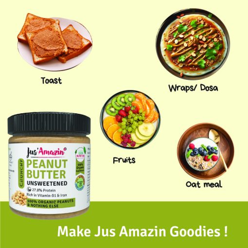 Jus' Amazin Crunchy Organic Peanut Butter - Unsweetened (200g) | 28% Protein | Clean Nutrition | Single Ingredient - 100% Organic Peanuts | Zero Additives | Vegan & Dairy Free