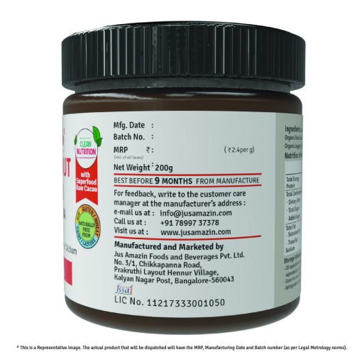 Jus' Amazin Creamy Hazelnut Spread - Choco Mania (200g) | 18% Protein | Clean Nutrition | 4x Less Sugar And 3x More Protein | 80% Nuts (hazelnuts + Almonds + Cashews) | Superfood Raw Cacao | No Refined Sugar | Zero Chemicals | Vegan & Dairy Free | 100% Natural